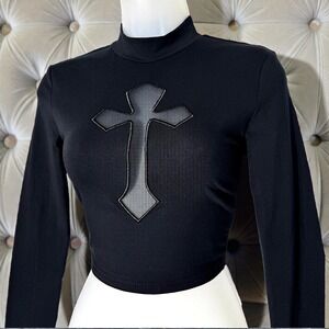 New Small Cotton Mesh Cross Gothic Black Mock Neck Long Sleeve Crop Top